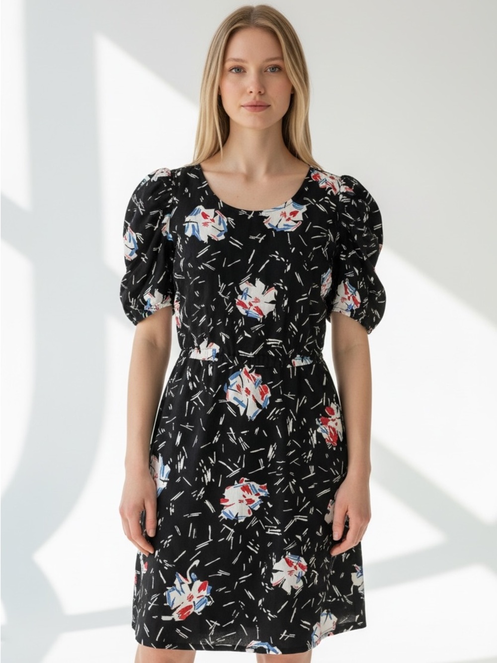Armani Exchange-Black Multi Color Puff-Sleeve Women's Dress-NWT